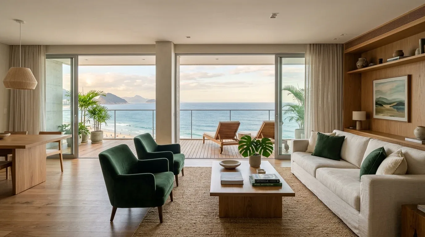 Sala ampla com vista para o mar